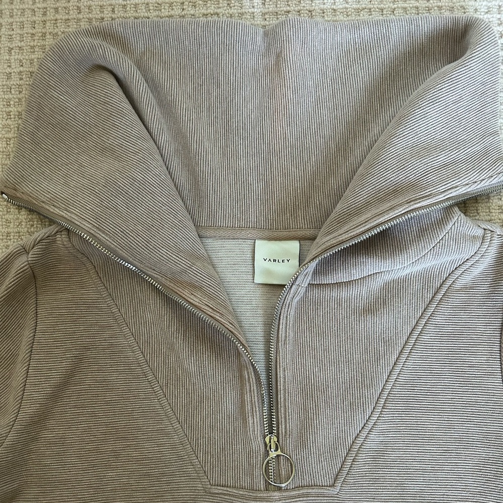 Varley Beige Ribbed Half-Zip Hoodie